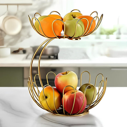 2-Tier Golden Crescent Fruit Basket Elegant Metal Storage Rack