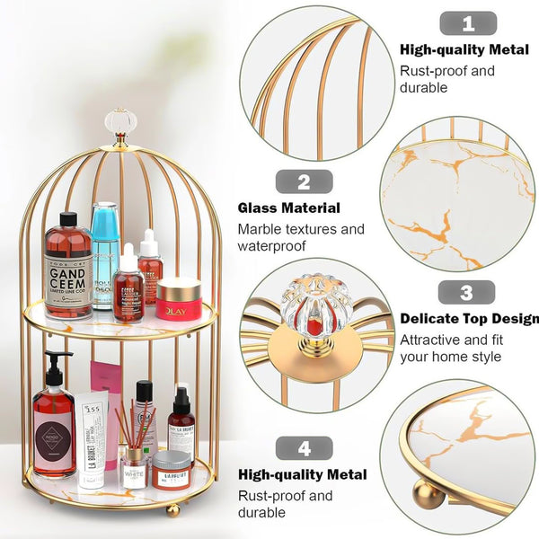 2-Tier Golden Vanity Cage Luxury Makeup & Skincare Organizer Rack