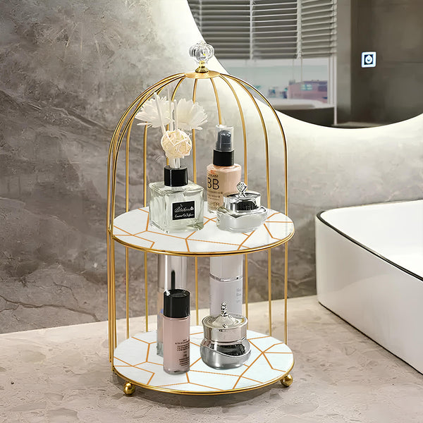 2-Tier Golden Vanity Cage Luxury Metal Organizer for Makeup Perfume & Home Decor