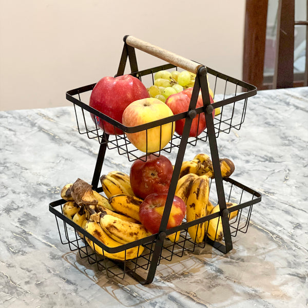 2-Tier Carry & Serve Fruit Basket with Wooden Handle Space Saving Metal Storage Rack