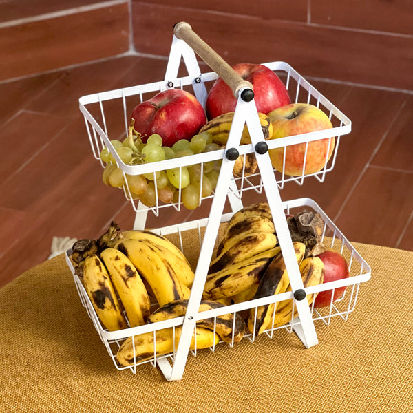 2-Tier Carry & Serve Fruit Basket with Wooden Handle Space Saving Metal Storage Rack