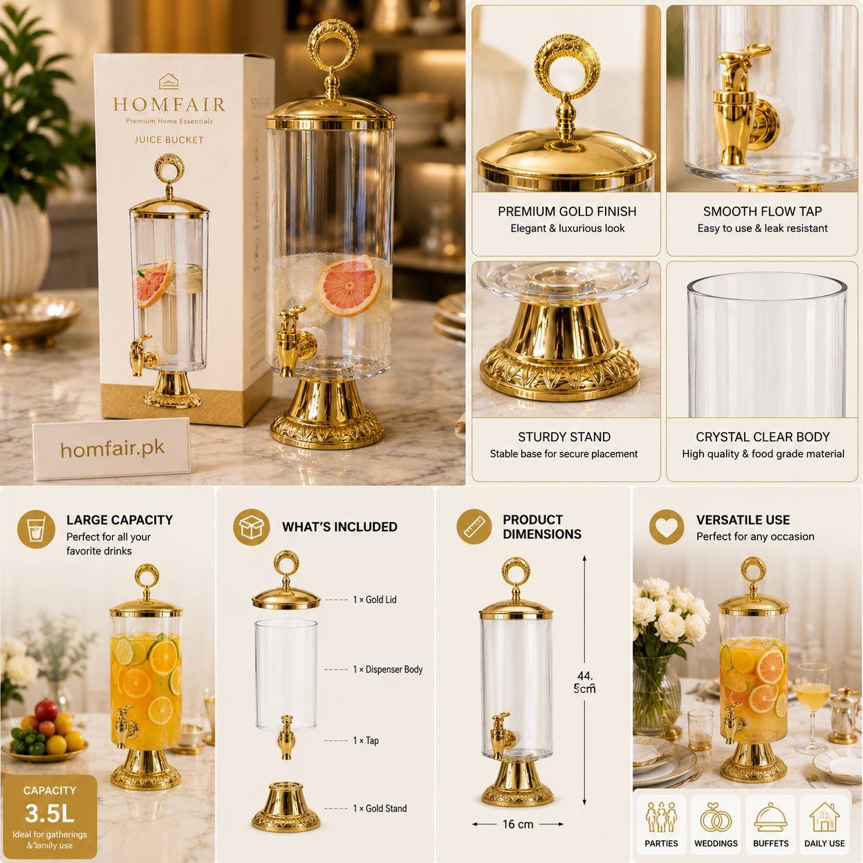 Luxury Crystal Beverage Juice Dispenser with Gold Stand & Tap