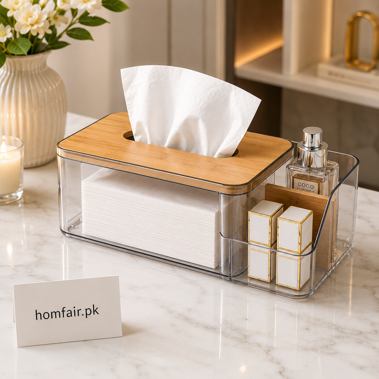 Premium Clear Acrylic Tissue Box Organizer with Bamboo Lid & Storage Compartment
