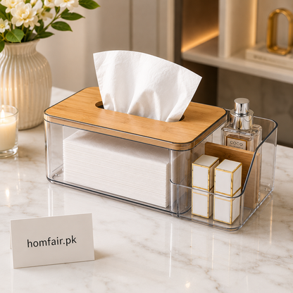 Premium Clear Acrylic Tissue Box Organizer with Bamboo Lid & Storage Compartment