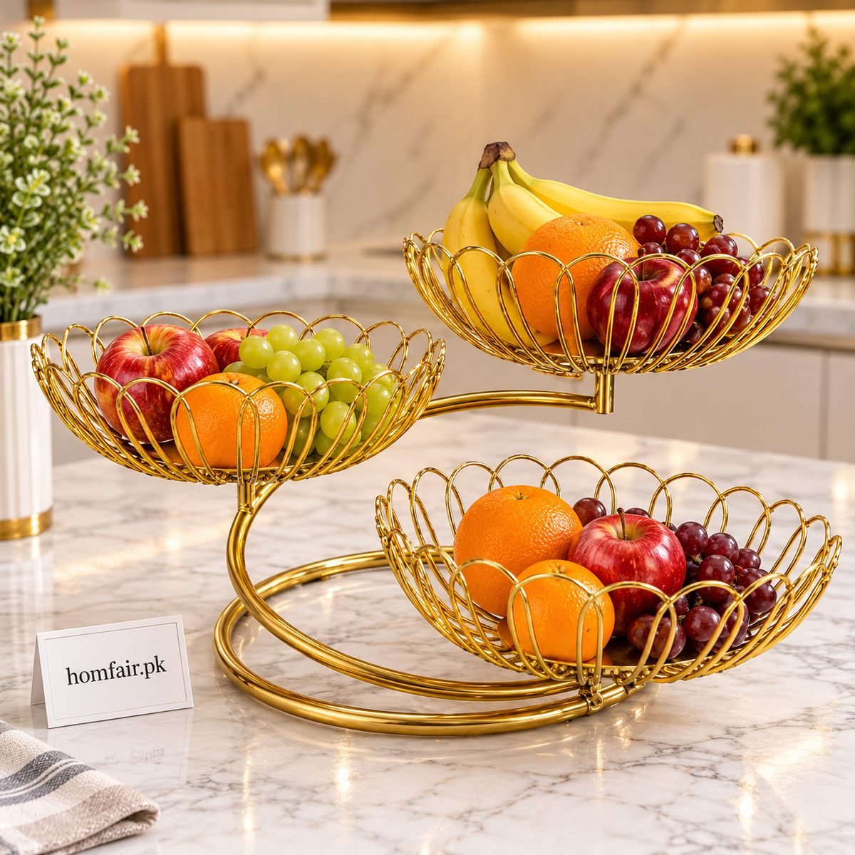 Luxury Golden 3-Tier Fruit Stand with Decorative Open-Wire Baskets