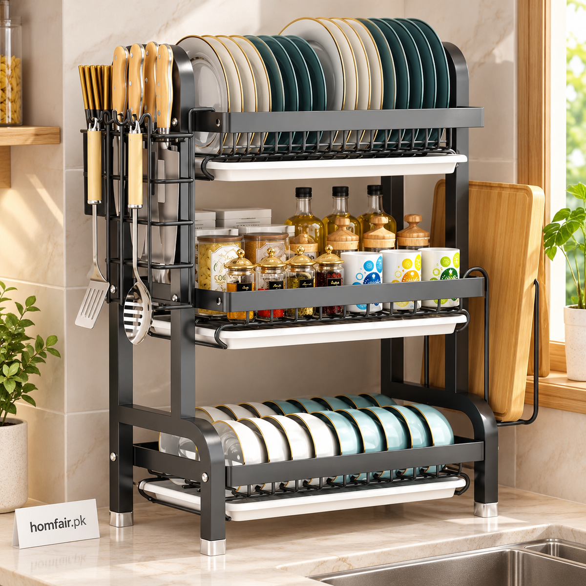 Multi-Tier Dish Organizer Rack for Plates, Bowls, Cups and Kitchen Storage