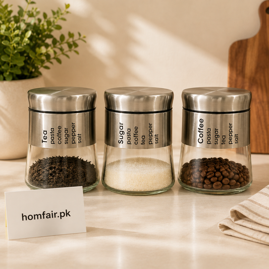 3-Piece Glass Storage Jar Set with Stainless Steel Lid – Tea, Coffee & Sugar Canisters