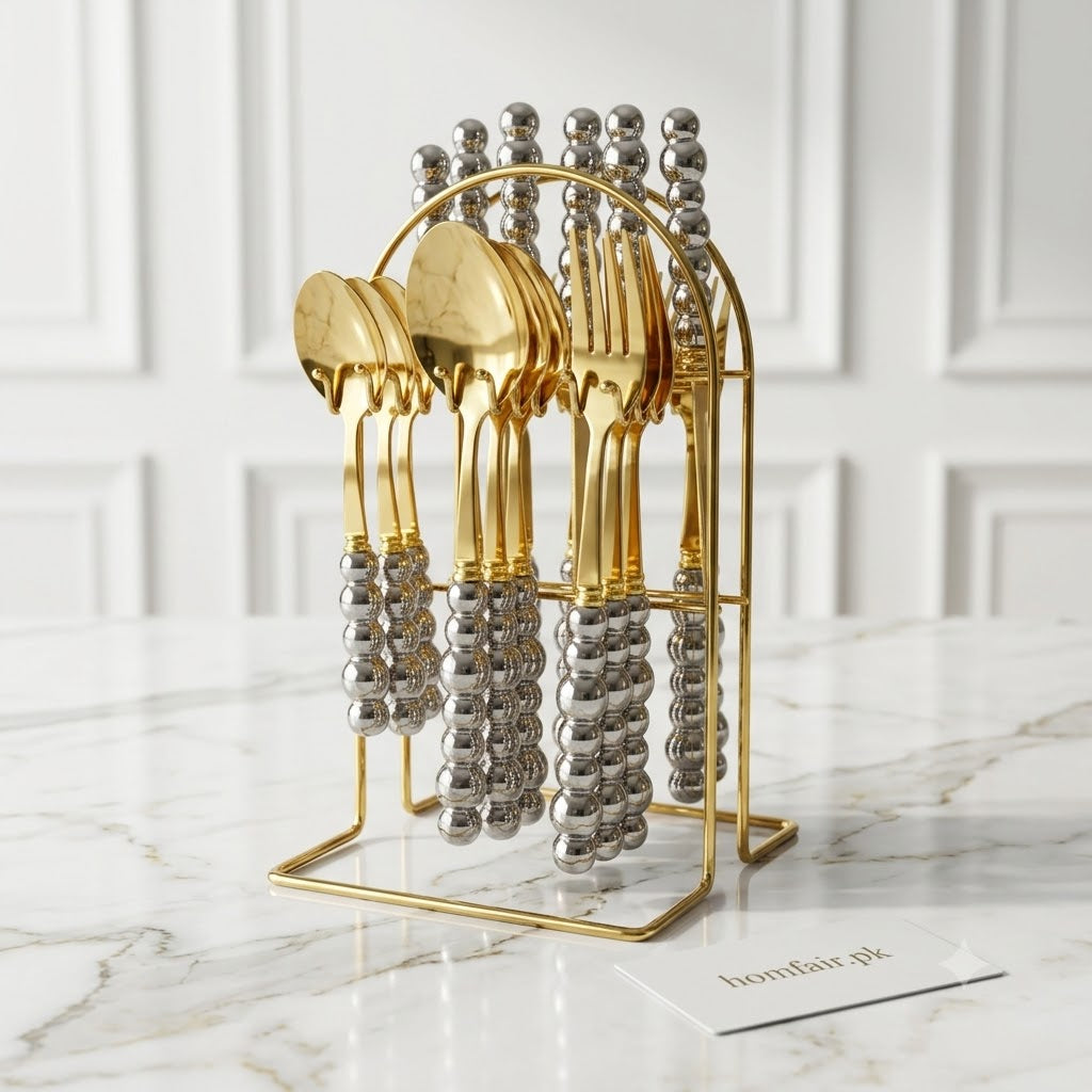 6-Person Golden Beaded Cutlery Set with Luxury Organizer Stand