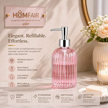 Glass Soap Dispenser Bottles with Silver Pump, 400ml Refillable Vertical Stripe Design (Random Colours)
