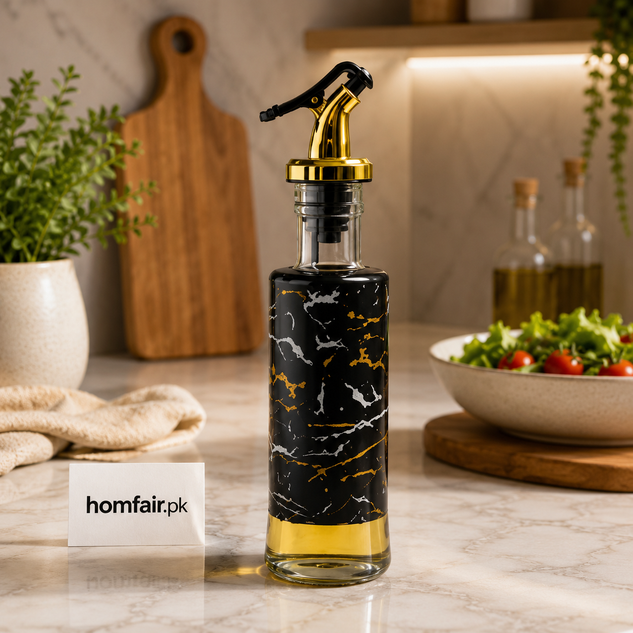 Premium Marble Glass Oil Dispenser Bottle with Gold Pour Spout – 300ml