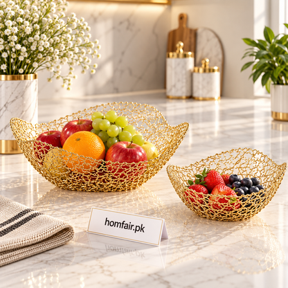 Gold Woven Wire Decorative Basket Pair for Kitchen and Dining