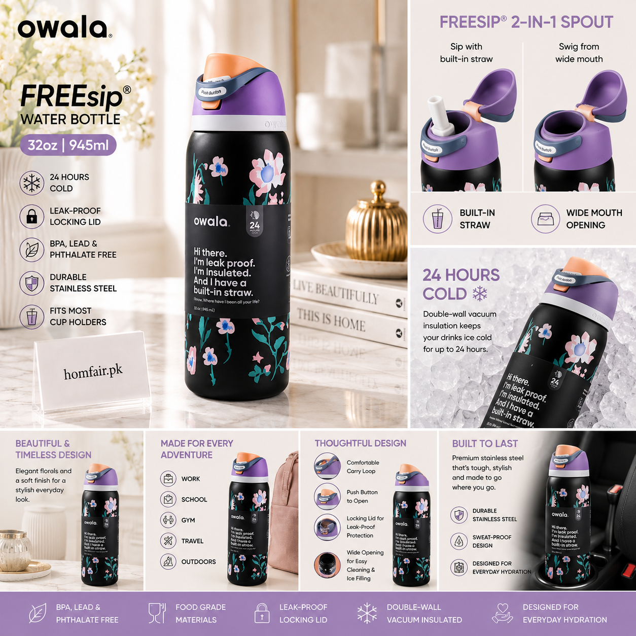 Owala Midnight Garden Floral Insulated Water Bottle – 32oz