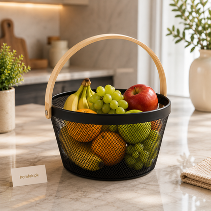 Premium Metal Mesh Storage Basket with Wooden Handle – Multi-Purpose Organizer
