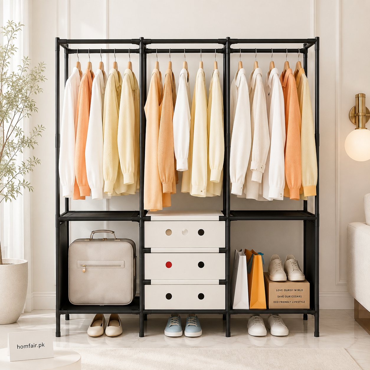 3-Section Open Wardrobe Rack with Hanging Rods, Fabric Drawers & Shoe Storage