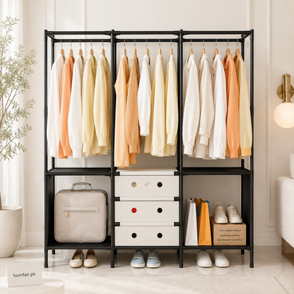 3-Section Open Wardrobe Rack with Hanging Rods, Fabric Drawers & Shoe Storage