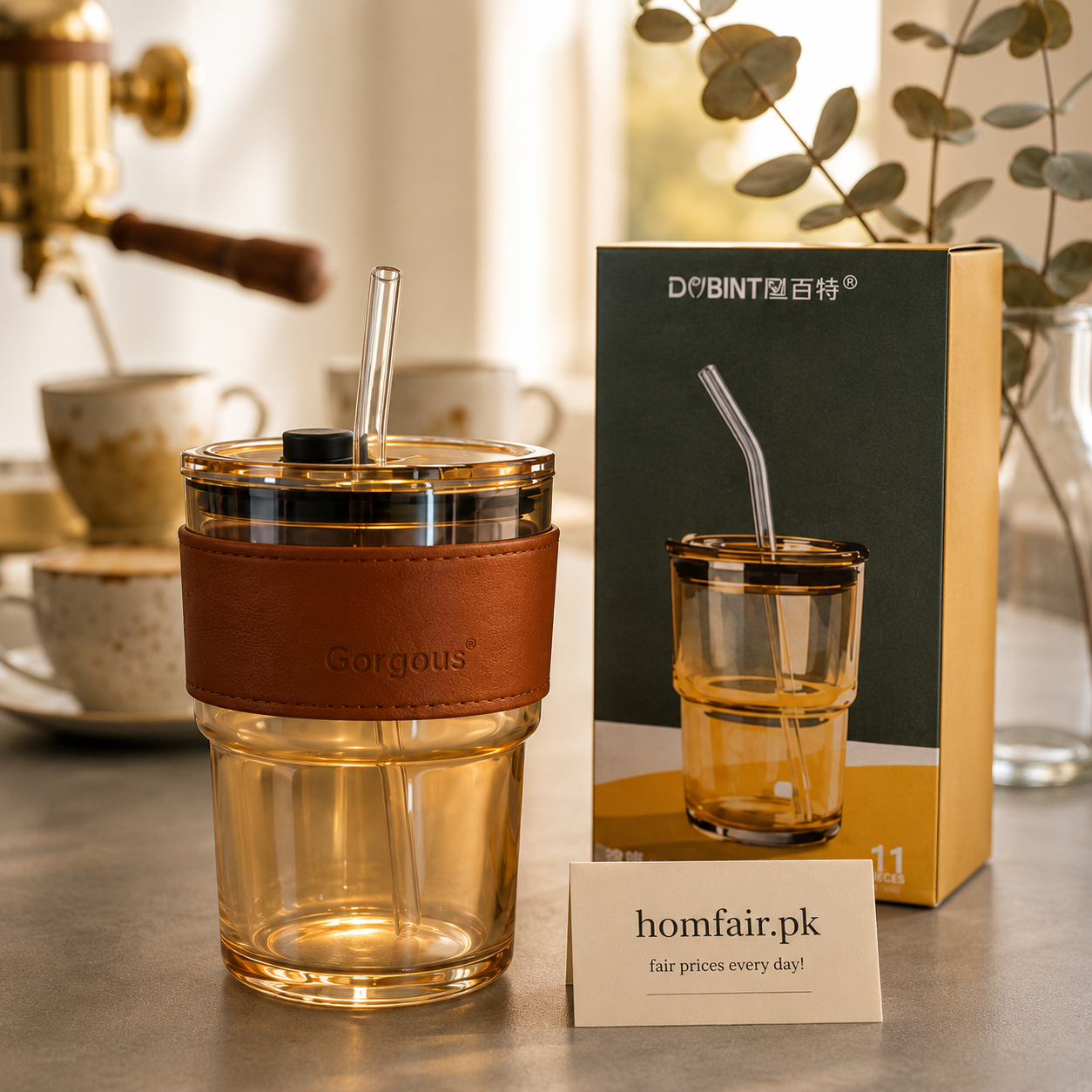470ml Glass Tumbler with Leather Sleeve, Lid & Glass Straw