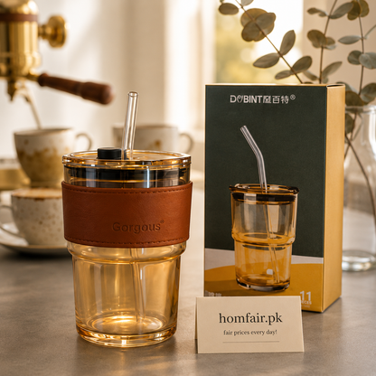 470ml Glass Tumbler with Leather Sleeve, Lid & Glass Straw
