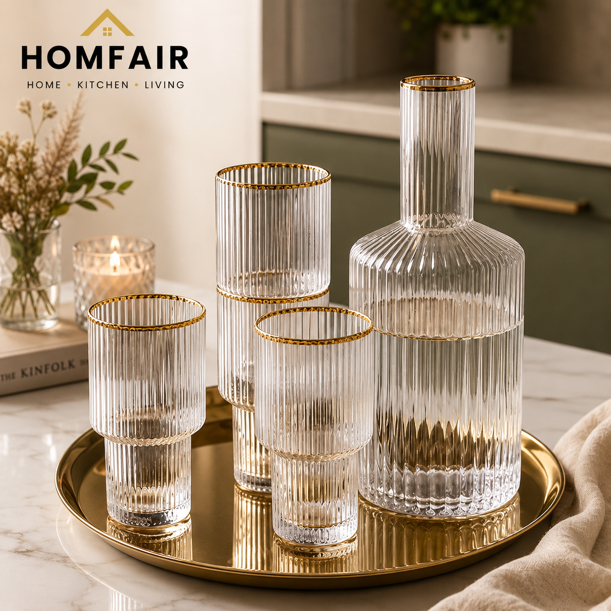 Elegant Glass Decanter Set with Gold Rim 5-Piece Luxury Drinkware Set