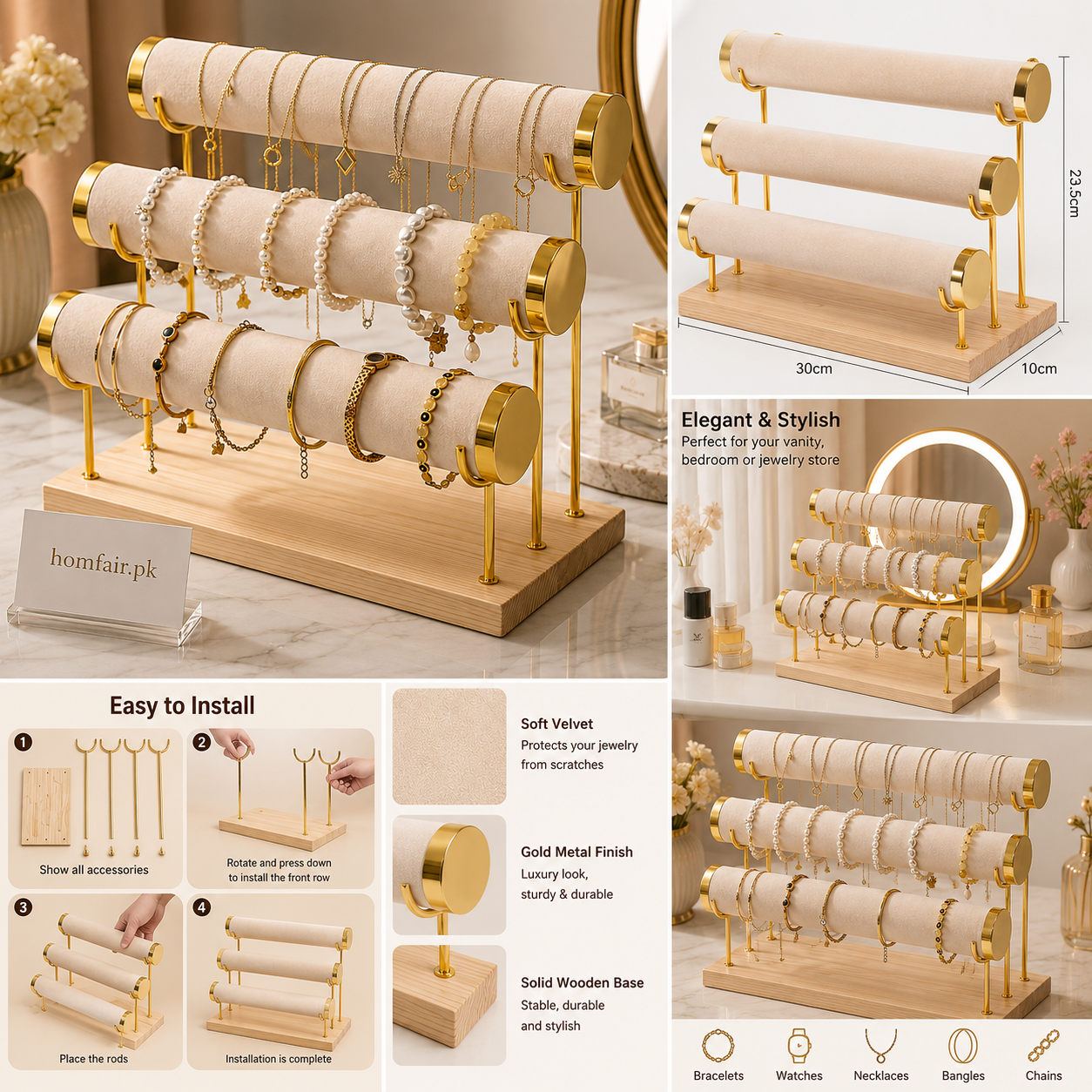 3-Tier Velvet Jewelry Display Stand Bracelet, Watch & Necklace Organizer