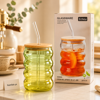 500ml Green Ribbed Glass Tumbler with Bamboo Lid & Glass Straw