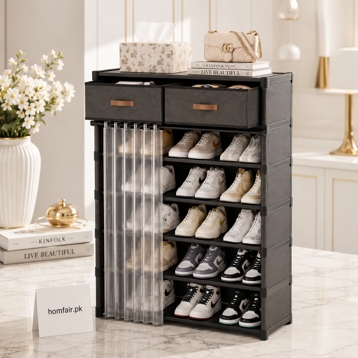 Curtain Shoe Rack with Double Drawer Multi-Layer Dustproof Shoe Storage Cabinet
