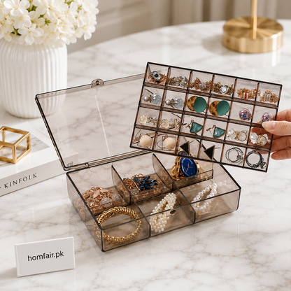 2-Layer Jewelry Organizer Box with Removable Tray Transparent Storage Case