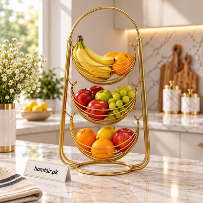 3-Tier Gold Wire Mesh Decorative Basket Stand for Fruit and Home Décor