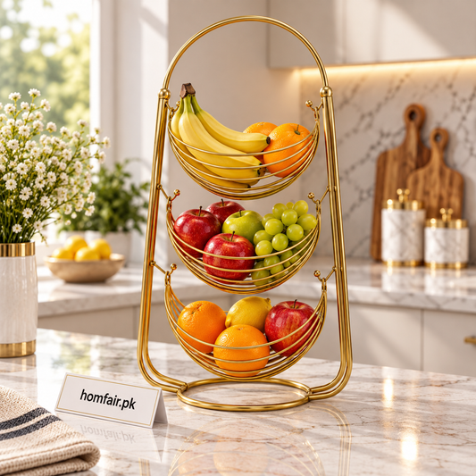 3-Tier Gold Wire Mesh Decorative Basket Stand for Fruit and Home Décor