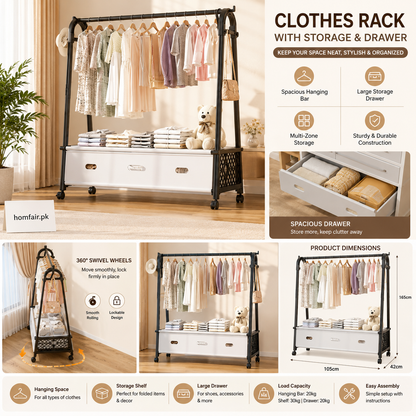 Premium Clothes Rack with Storage Drawer Multifunctional Garment Organizer