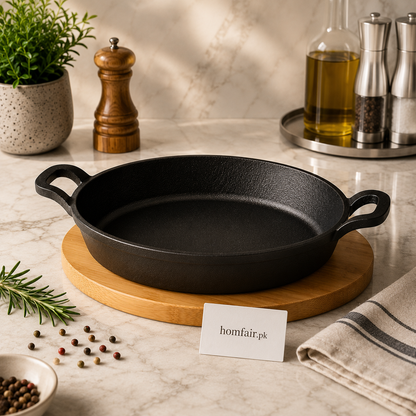 Danny Home Cast Iron Oval Griddle With Bamboo Serving Tray 24 × 17.2 × 4.8 cm