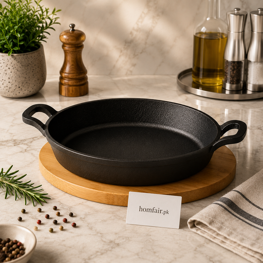 Danny Home Cast Iron Oval Griddle with Bamboo Serving Base – 22 × 15.4 × 4.2 cm