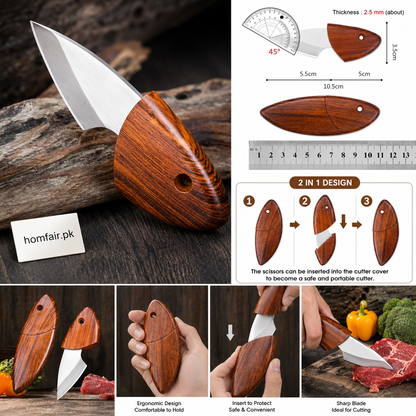Mini Pocket Knife with Protective Wooden Sheath portable Multipurpose Cutter