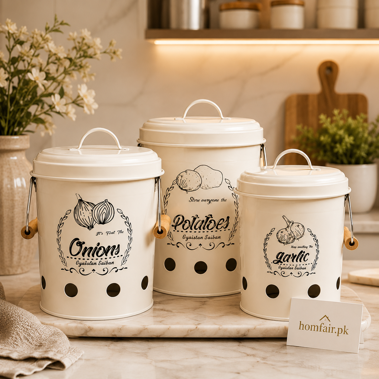 3-Piece Metal Vegetable Storage Canister Set | Onion, Potato & Garlic Storage Bins