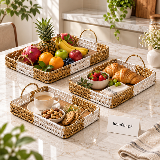 Luxury Woven Serving Tray Collection with Comfortable Handles - 3 Piece Set