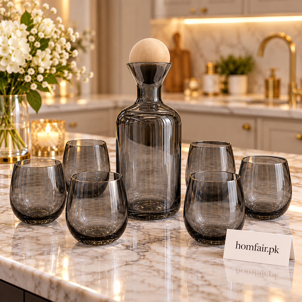 Nordic 7-Piece Smoky Glass Water Carafe & Tumbler Set