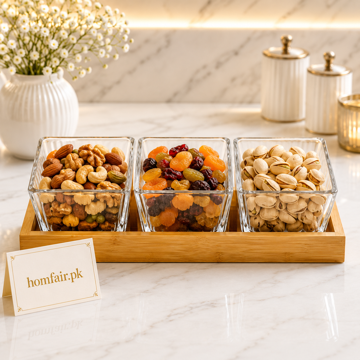 3 Bowl Glass Snack Serving Set with Bamboo Tray