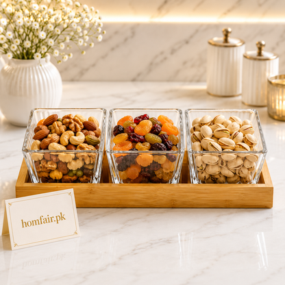 3 Bowl Glass Snack Serving Set with Bamboo Tray