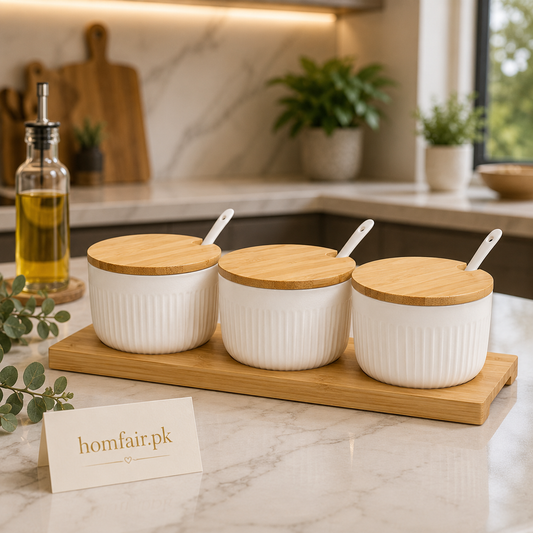 Premium Ribbed Ceramic Spice Jar Set with Bamboo Lids, Spoons & Wooden Tray