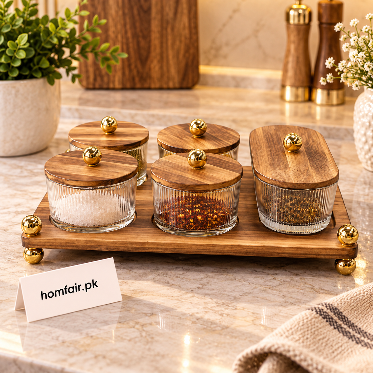Luxury Walnut-Finish 5-Container Dry Fruit Serving Stand with Glass Bowls