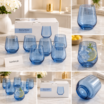 Danny Home Blue Stemless Glass Set 6 Pcs Premium Colored Drinking Glasses