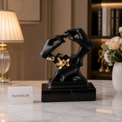 Luxury Fiber Abstract Couple Hands Sculpture – Modern Black & Gold Home Decor Statue