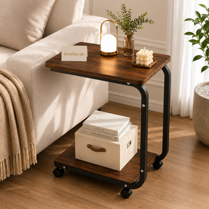 Premium C-Shaped Side Table with Storage Shelf & Wheels