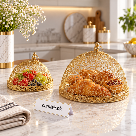 Gold Wire Mesh Decorative Basket Set with Dome-Style Covers