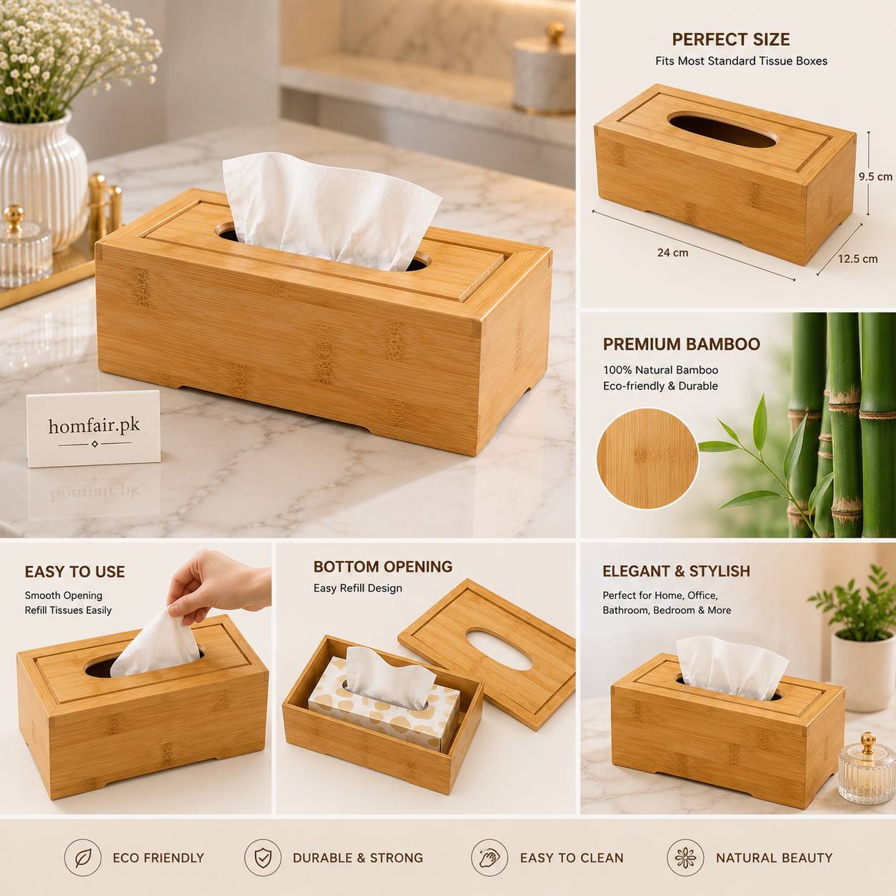 Premium Natural Elegant minimalist wooden design Bamboo Tissue Box