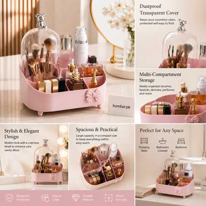 Premium Dustproof Makeup Organizer with Transparent Cover & Bow