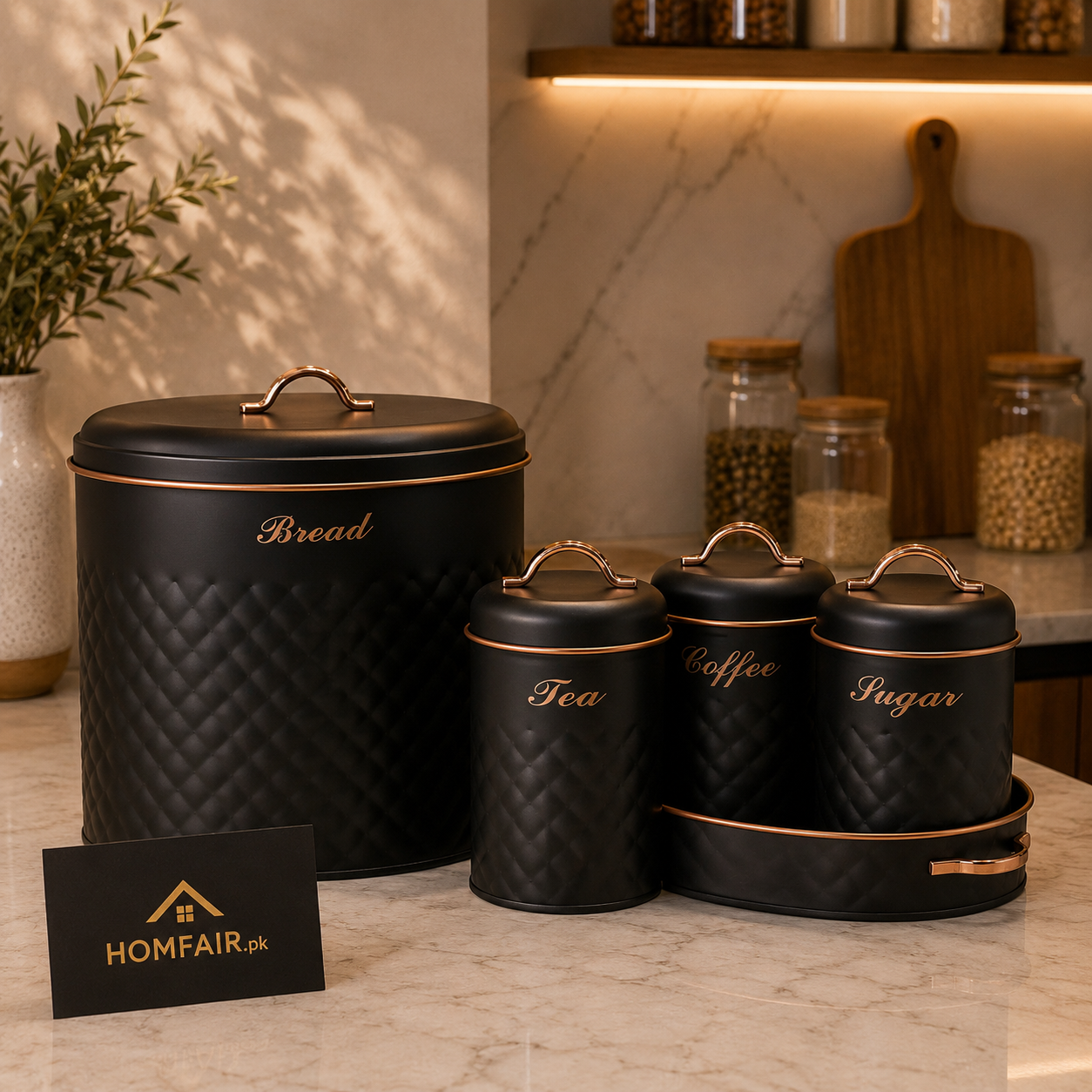 Luxury Embossed Bread Bin & Kitchen Canister Set – Airtight Tea, Coffee, Sugar & Biscuit Storage with Tray