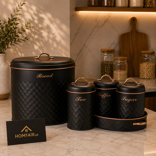 Luxury Embossed Bread Bin & Kitchen Canister Set – Airtight Tea, Coffee, Sugar & Biscuit Storage with Tray