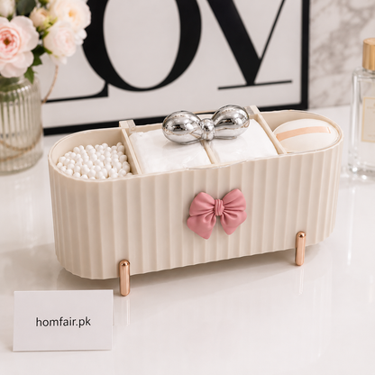 Luxury Multi-Compartment Vanity Organizer Box with Bow Design