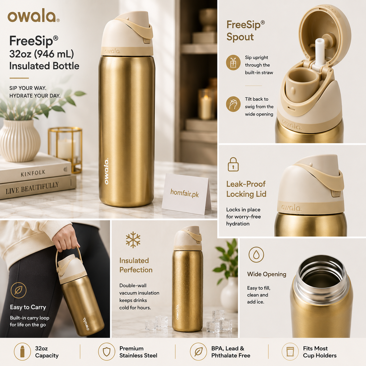 Owala Golden Dune Water Bottle – Insulated Bottle 32oz