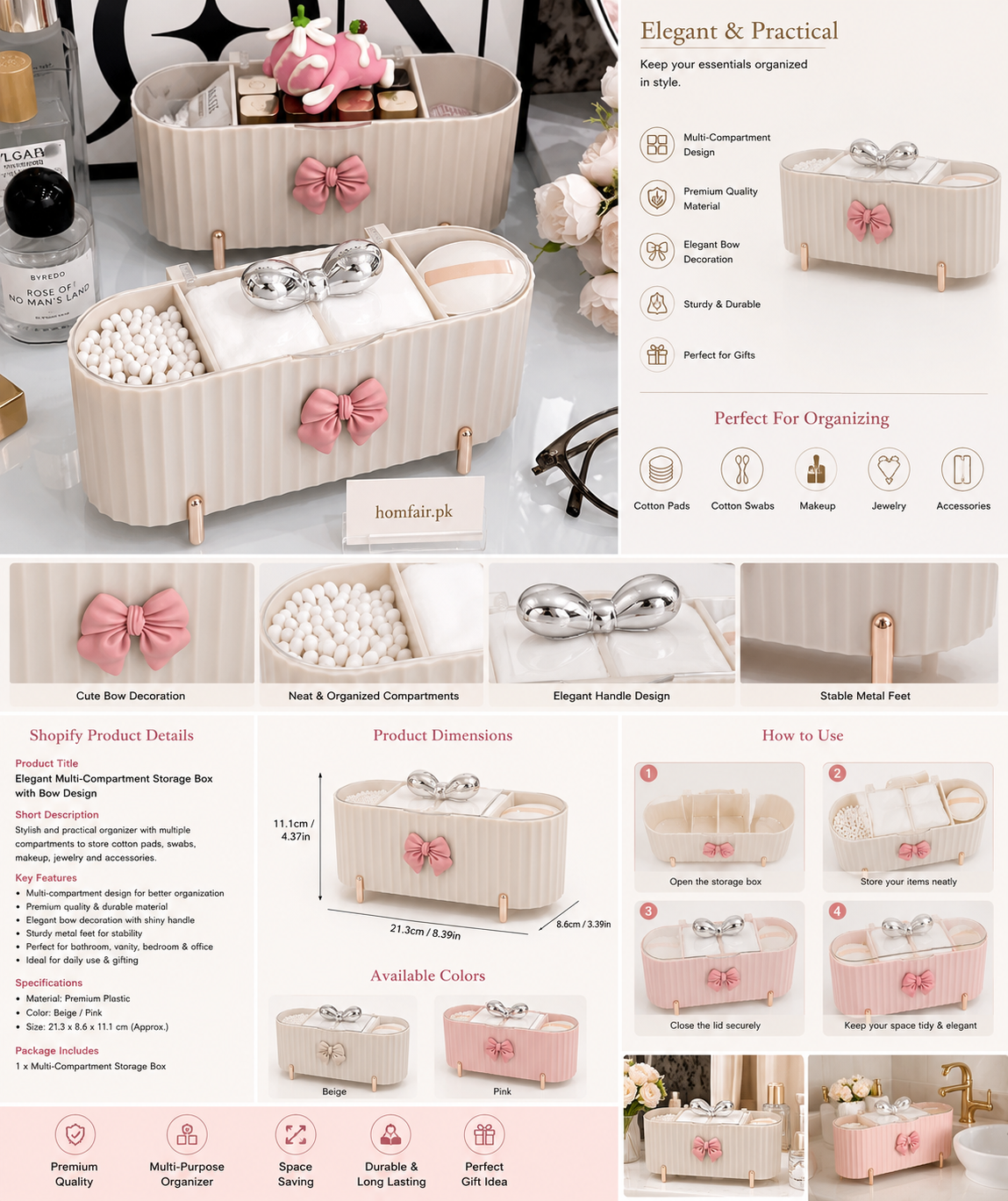 Luxury Multi-Compartment Vanity Organizer Box with Bow Design